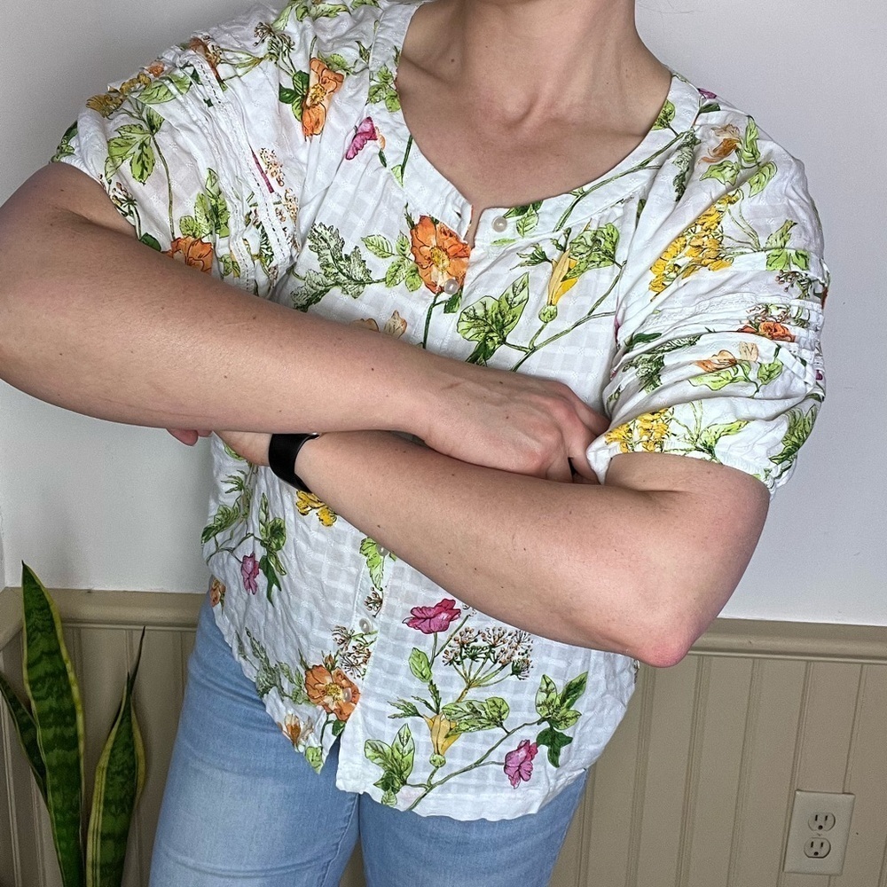 Jane Delancey Floral Puff Sleeve Peasant Blouse Size L Cottagecore Garden Top - Picture 5 of 11